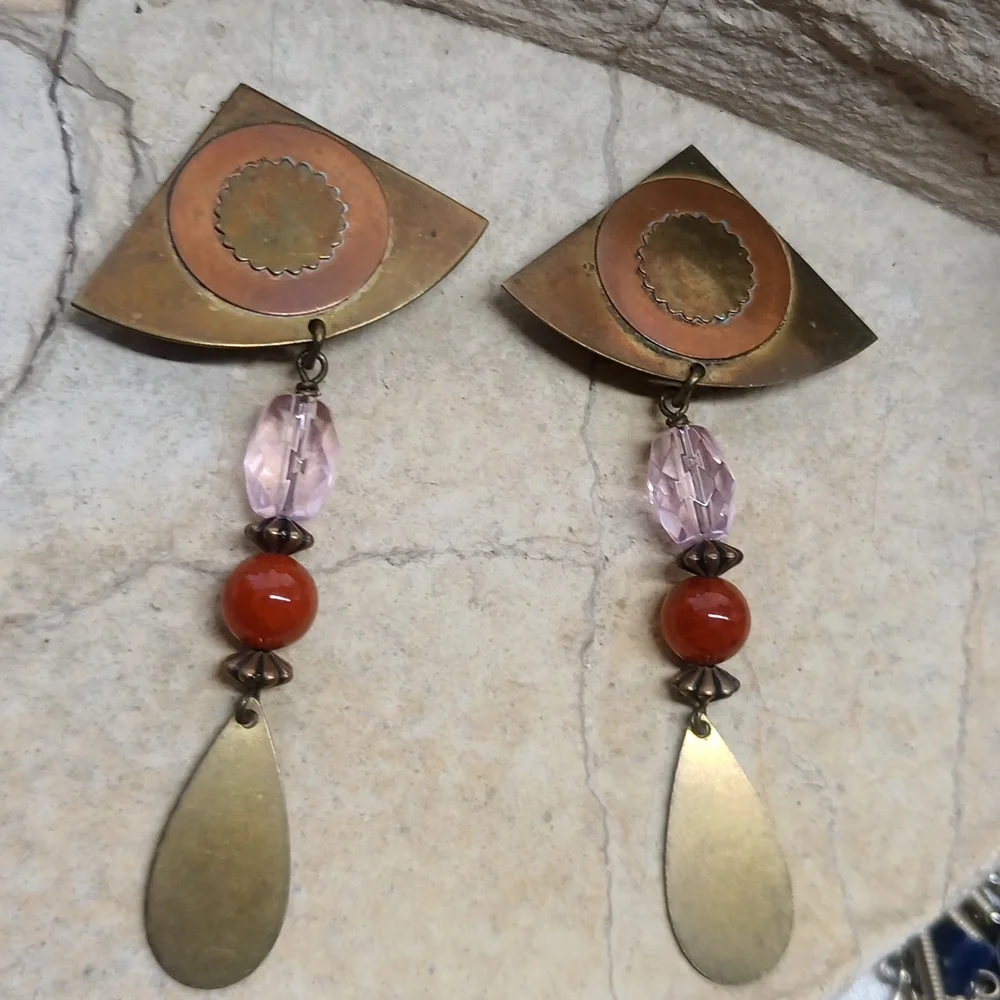 Vintage Copper Brass Carnelian agate dangle earrings clip on